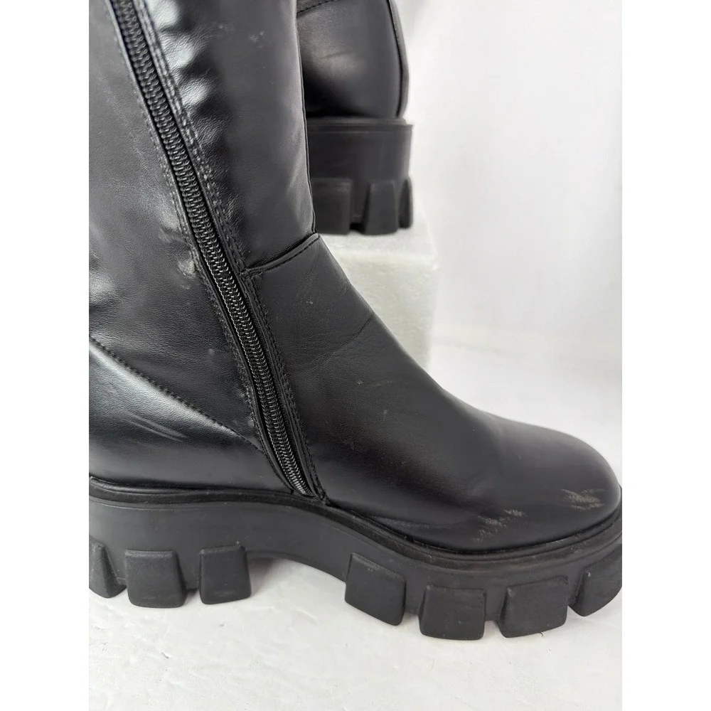 Nasty Gal Black Faux Leather Chunky Platform Over The Knee Lug Sole Boots Size 8